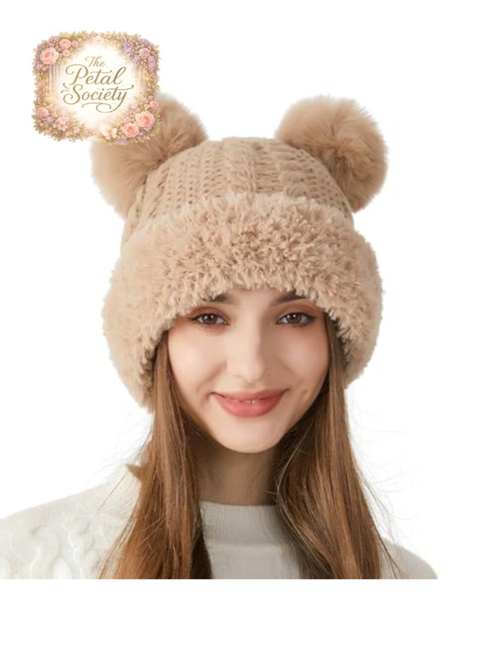 Chunky Knit Beanie with Faux Fur Pompom Warm Fleece Lined Winter Hat